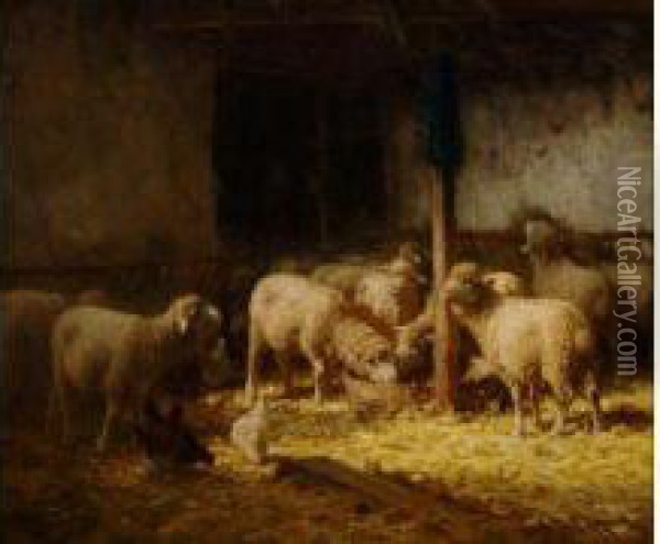 Moutons Et Poules Dans L'etable Oil Painting - Charles Clair