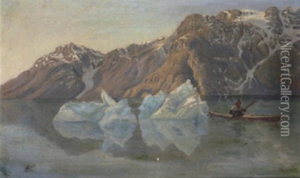 Kajakmand I En Fjord Ved Vajgattet Oil Painting - Andreas Christian Riis Carstensen
