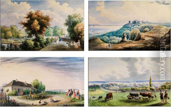 Satz Von Vier Landschaften Mitfigurenstaffage Und Genredarstellungen Oil Painting - Carlo Bossoli