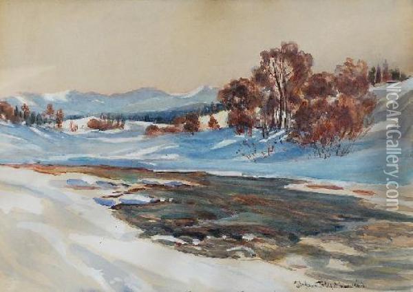Pejzaz Zimowy Z Rzeka Oil Painting - Stefan Filipkiewicz