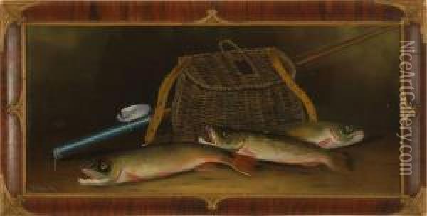 Still Life With Trout, Creel And Fishing Rod Oil Painting - William Henry Chandler