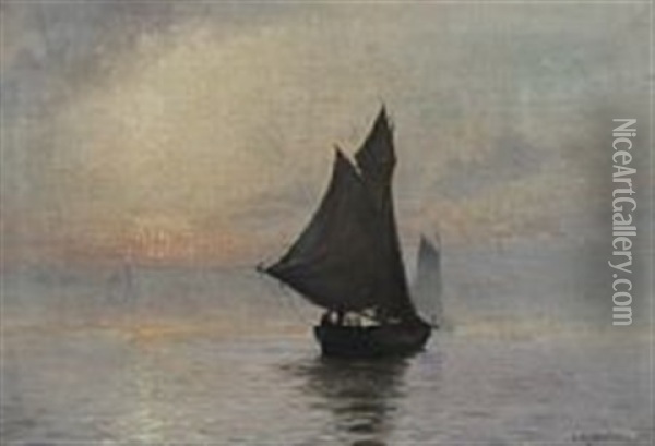 Seascape With Sailing Ships In Misty Weather Oil Painting - Christian Ferdinand Andreas Molsted