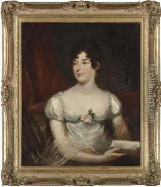 Portrait Of A Lady, Half-length, In A White Dress Holding A Book, Before A Red Curtain Oil Painting - James Northcote