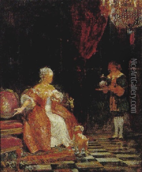 Slotsinterior Med Tjener, Der Serverer The For Kvinde I Rococokjole Oil Painting - Hans Nikolaj Hansen