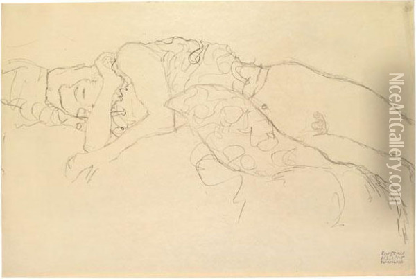 Liegender Halbakt Nach Links, Den Mund Mit Dem Arm Verdeckend Oil Painting - Gustav Klimt