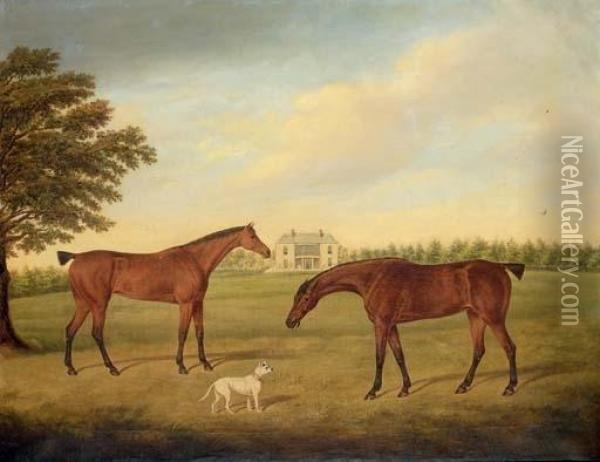 Two Hunters And A Dog In The Grounds Of Boulston House, Near Haverfordwest, Pembrokeshire Oil Painting - Hayter Kinch