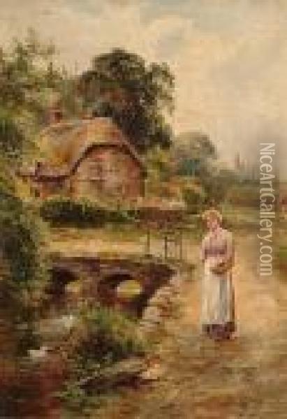 Cottage At Welford, Warwick; A Lane Near Winchester Oil Painting - Ernst Walbourn