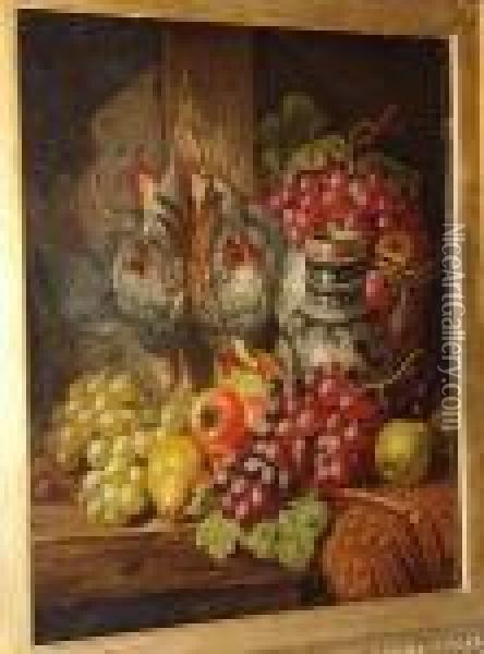 Green And Red Grapes, Pears, 
Apples, A Tankard And A Brace Of Partridge On A Wooden Shelf Oil Painting - Charles Thomas Bale