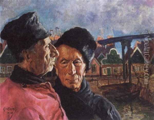 Fishermen In The Harbour Of Volendam Oil Painting - Georg Hering
