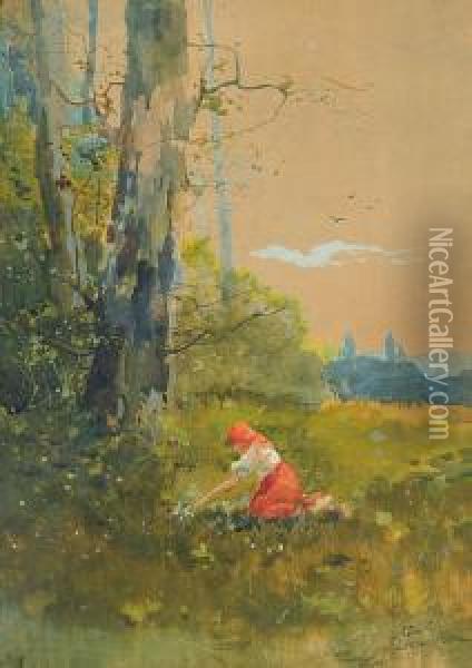 Lato / Dziewczyna Zbierajaca Kwiaty/ Oil Painting - Michal A. Sozanski