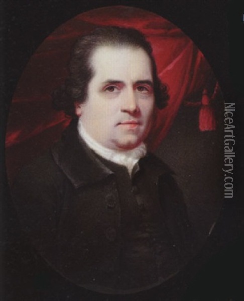 A Gentleman, With Short Dark Hair, Wearing Black Coat, Waistcoat And White Cravat, Crimson Curtain Behind Oil Painting - Henry Spicer