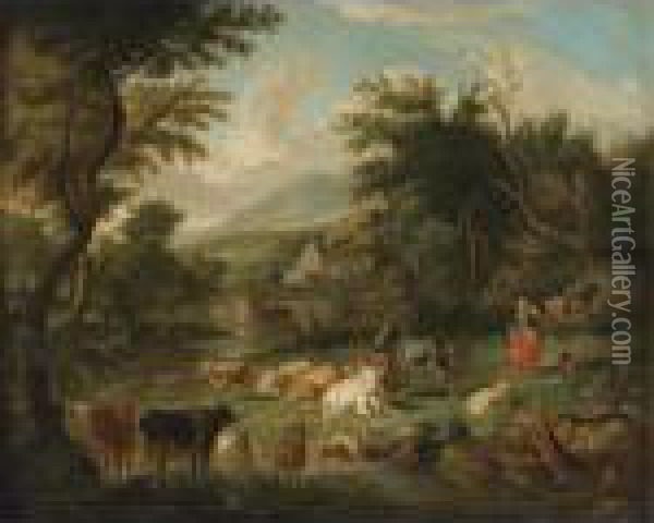 Pastoral Landscape With Watering Cattle And A Town In A Distance Oil Painting - Johan Heinrich Roos