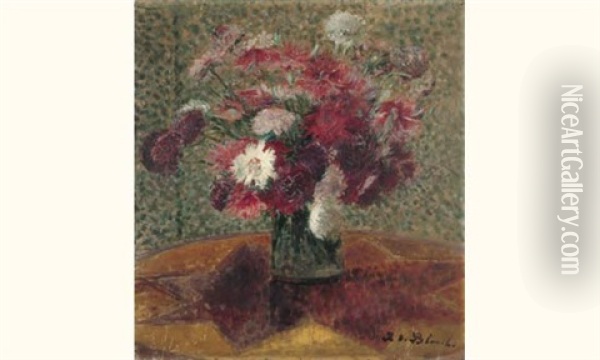 Bouquet D'oeillets Et De Dahlias Oil Painting - Jacques-Emile Blanche