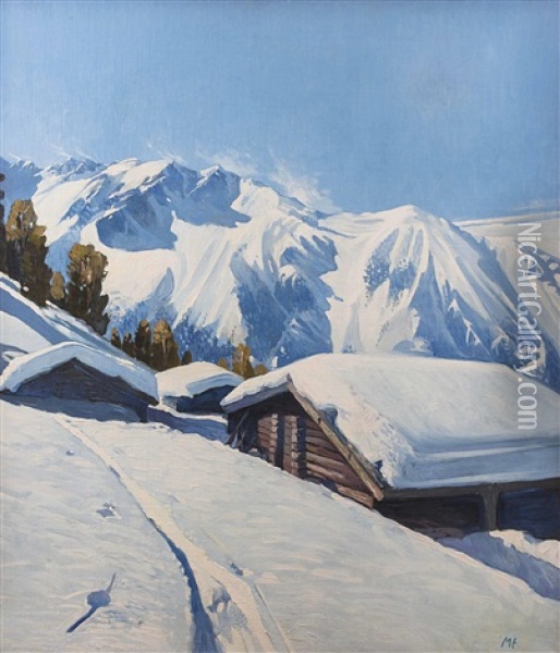 Almhutten Im Winter Oil Painting - Max (Ritter) von Esterle