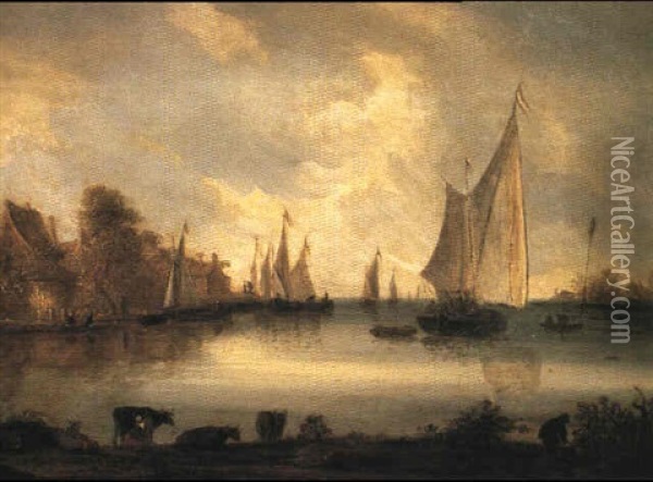 Flodlandskab Med Skibe, Pa Bredden I Forgrunden Kier Der Malkes Oil Painting - Salomon van Ruysdael