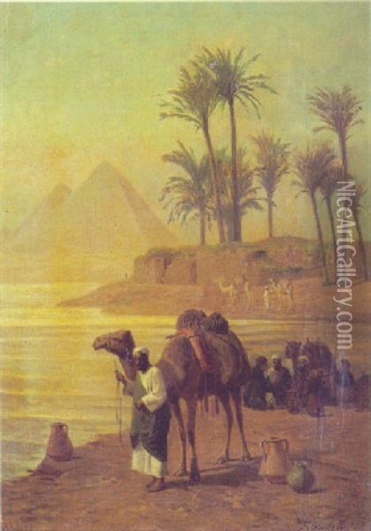 Nomaderne Holder Hvil Ved Nilens Bred, I Baggrunden Pyramiderne Oil Painting - Frederick Goodall