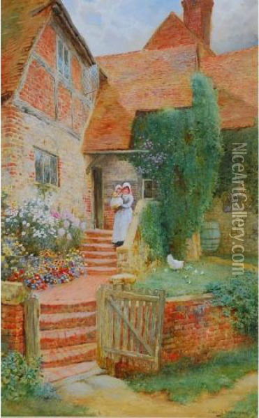 Mother And Child In Cottage Garden Oil Painting - Arthur Claude Strachan