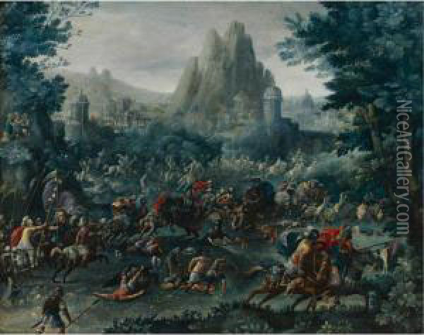 Cavalry Skirmish With A Mountainous Landscape Beyond Oil Painting - Frans I Francken