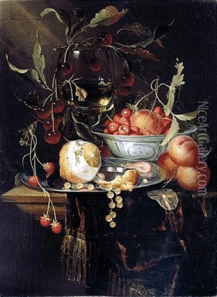 Still Life Of A Peeled Lemon With Prawns And Whitecurrants On A Pewter Dish, With Peaches And Fraises-de-bois In A Blue-and-white Porcelain Bowl, Cherries And A Roemer, All Upon A Partly Draped Table Oil Painting - Harmen Loeding