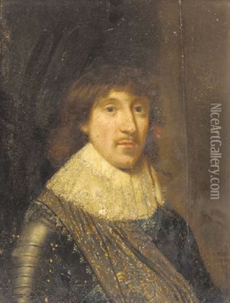 Portrait Of Christian, Duke Of Brunswick In Armour With A White Lace Collar, A Blue And Gold Sash Over His Right Shoulder Oil Painting - Michiel Janszoon van Mierevelt