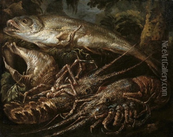 Still-life Of Two Lobsters, A Salmon And Shells On A Forest Floor Oil Painting - Felice Boselli