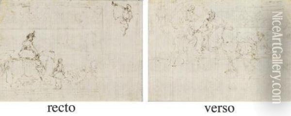 A Cavalier Attended By A Page, And A Study Of A Trumpeting Angel ( Oil Painting - Stefano della Bella