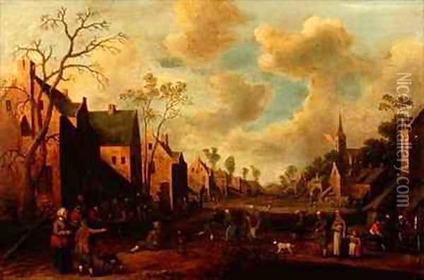 Peasants Merrymaking in a Village Street Oil Painting - Cornelius Droochsloot