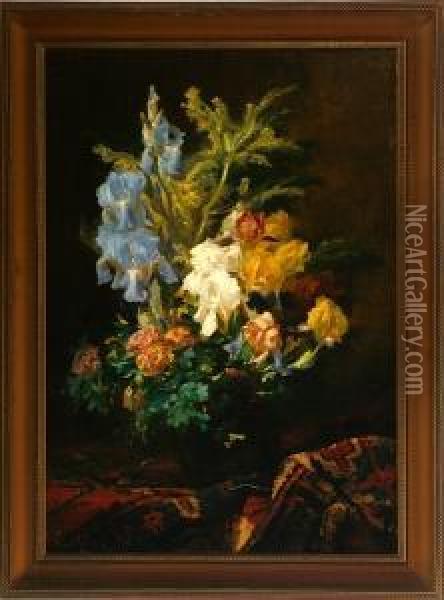 A Flower Still Life On An Oriental Rug. Signed Oil Painting - Gabriel Edouard Thurner