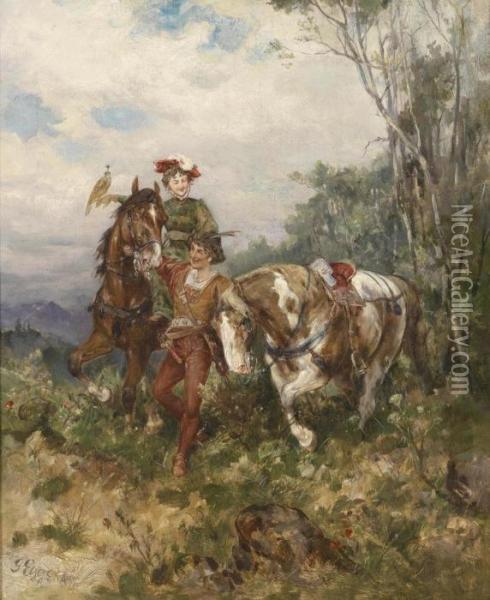 A Lady Falconer On Horseback With Companion Oil Painting - Gustav Eggena