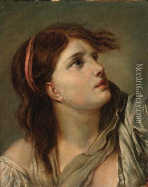 Portrait Of A Young Lady - Head And Shoulders Oil Painting - Jean Baptiste Greuze