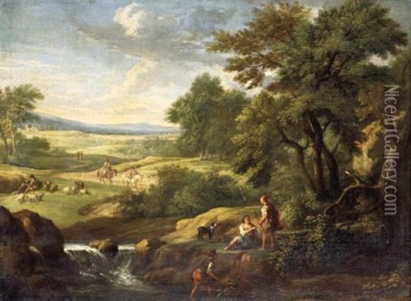 A Southern Landscape With Fishermen At The Edge Of A Brook, A Shepherd And Travellers Beyond Oil Painting - Andrea Locatelli