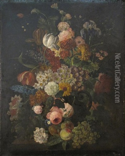 A Still Life With Flowers And Fruit (+ A Still Life With Flowers And A Bird's Nest; Pair) Oil Painting - Rachel Ruysch