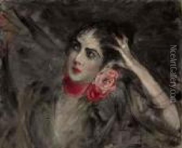Princess Radziwill With A Red Ribbon Around Her Neck Oil Painting - Giovanni Boldini
