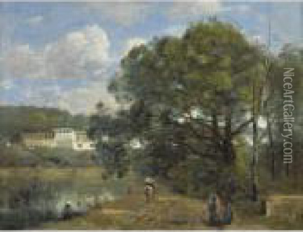 Ville D'avray - Route Descendant
 Des Bois Vers La Propriete De Corot, Et Longeant L'etang Oil Painting - Jean-Baptiste-Camille Corot