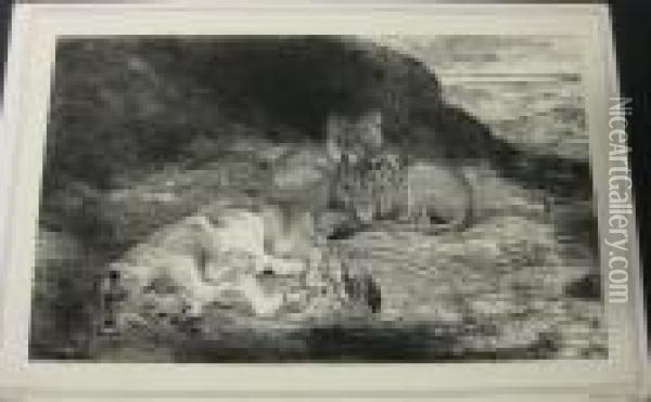 Lionne Dechirant La Poitrine D'un Arabe. Oil Painting - Eugene Delacroix