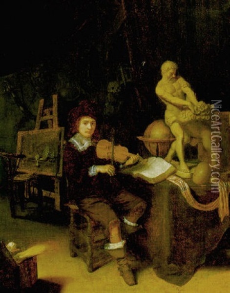 Self Portrait Of The Artist Seated, Playing A Violin Beside A Table With A Statue On It Oil Painting - Jan van Swieten