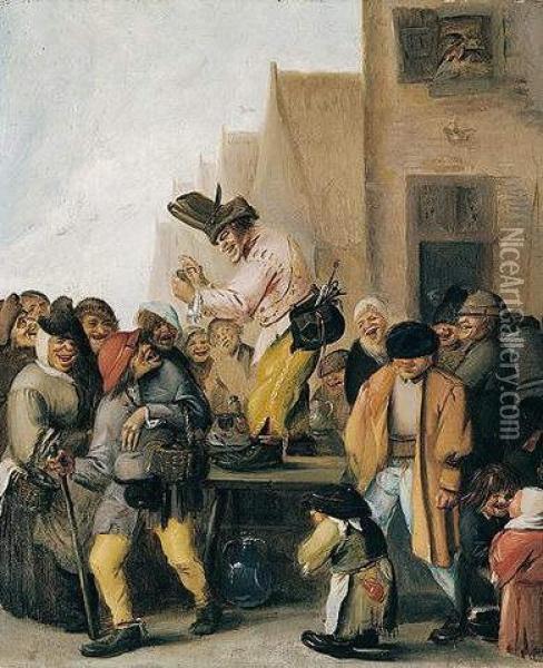 Street Scene With A Quack Surrounded By Peasants Oil Painting - Hans Bollongier
