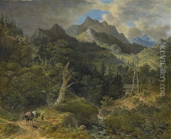 Gebirgslandschaft Mit Ziehendem Bauern Und Packeseln Oil Painting - Johann Jakob Dorner the Elder