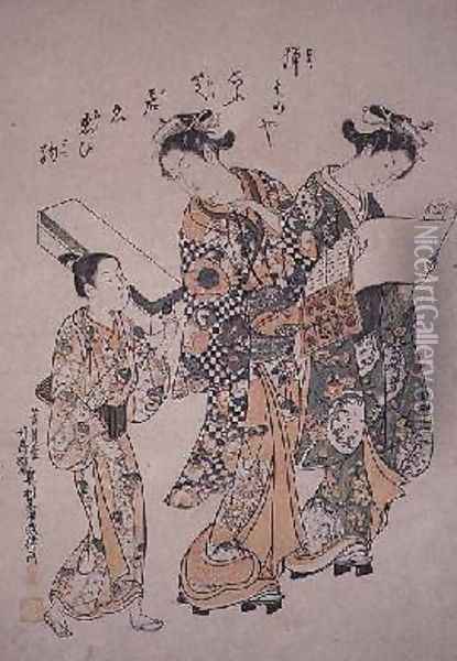 Two geisha and a boy carrying a shamisen case Edo Period 1756 Oil Painting - Okumura Masanobu