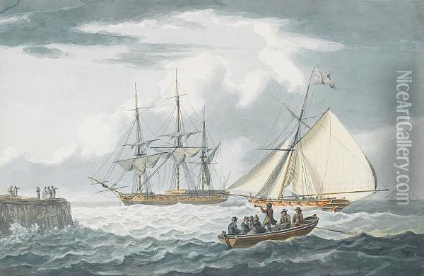 An Armed Naval Cutter Running Out To An Anchored Frigate Oil Painting - William Anderson