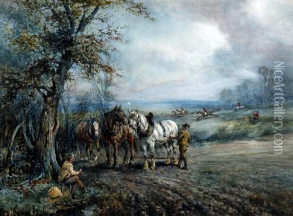 Plough Team Resting At Lunch, A Hunt In The Distance Oil Painting - Frank Thomas,francis Carter
