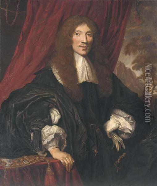 Portrait Of A Gentleman, 
Half-length, In A Black Gown With Lacecollar And Cuffs, His Right Hand 
Resting On A Table, A Red Curtainand Landscape Beyond Oil Painting - Sir Peter Lely