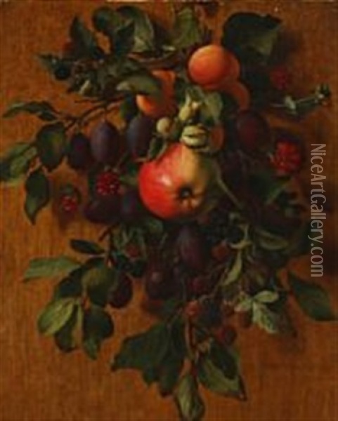 A Bouquet Of Nuts And Fruits Hanging From A Nail Oil Painting - Otto Didrik Ottesen