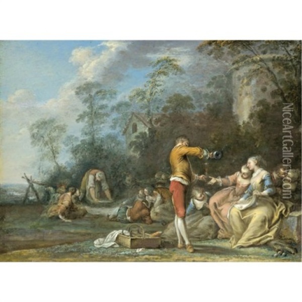 A Fete Galante With Figures Picnicking In A Landscape Oil Painting - Jacques Sebastien Le Clerc