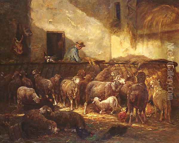 A Flock Of Sheep In A Barn Oil Painting - Charles Emile Jacque