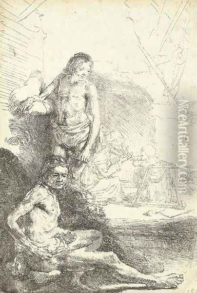 A nude Man seated and another standing, with a Woman and a Baby lightly etched in the Background Oil Painting - Rembrandt Van Rijn