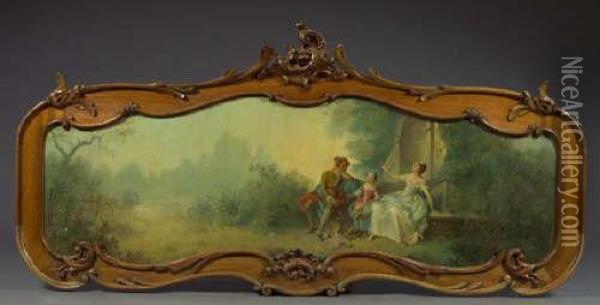 Largesupraporta Panel Depicting A
 Galants Scene, Oil On Canvas.presented In A Nicely Carved Mahogany 
Frame In The Louis Xv Taste,h. 32
