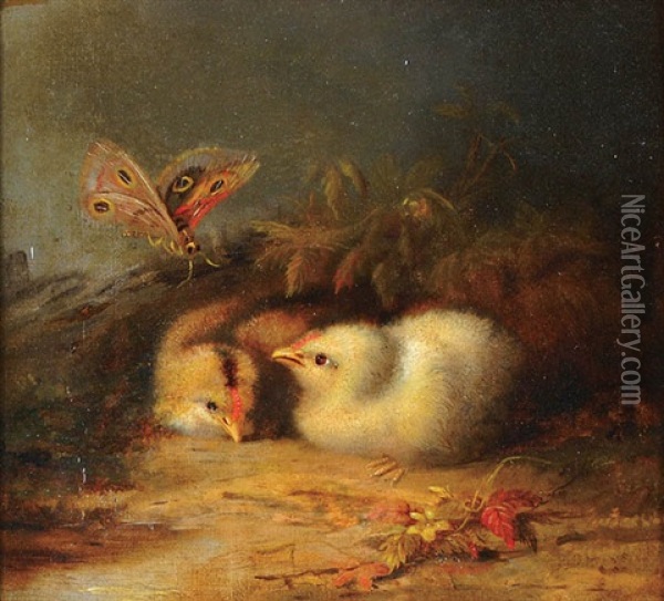 Spring Chicks And Butterfly Oil Painting - Mary Russell Smith