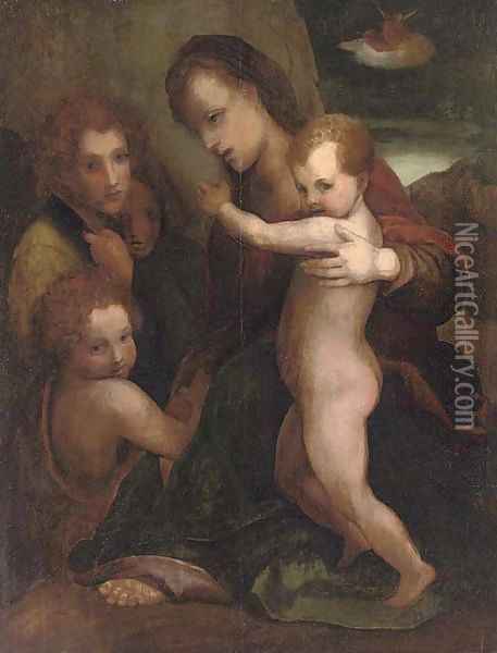 The Madonna and Child with the Young Saint John the Baptist and an Angel, the Annunciation to the Shepherds in the distance Oil Painting - Andrea Del Sarto