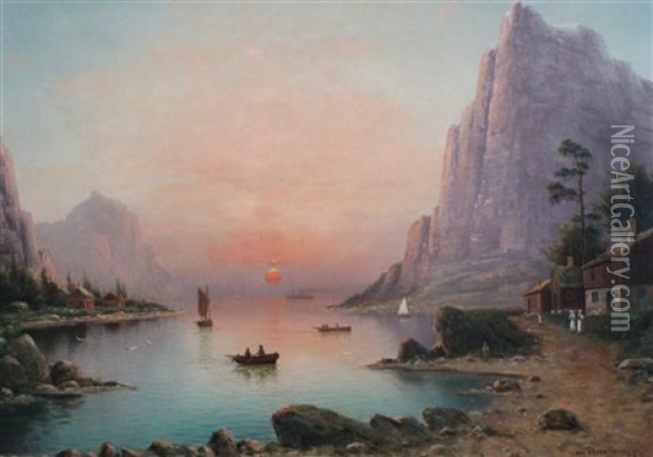 Fjords By Day (+ Fjords By Night; Pair) Oil Painting - Nils Hans Christiansen